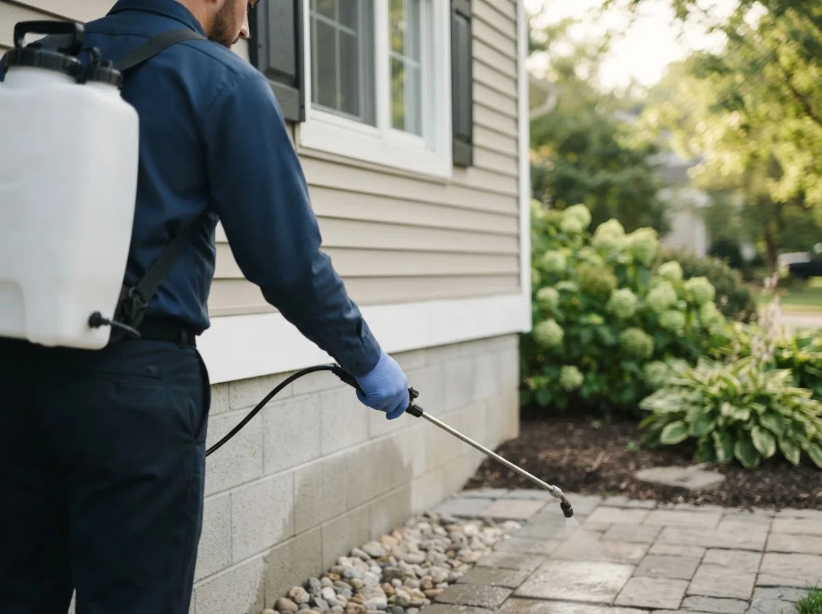 Pest control technician inspecting a home in Geronimo, OK